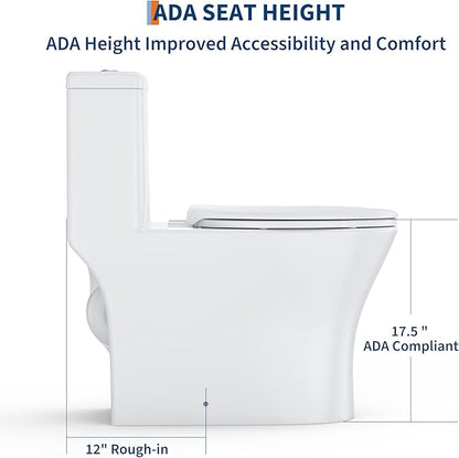 One Piece Toilet with ADA Height - Elongated Ceramic Design, Soft Closing PP Toilet Cover, Easy Clean Surface, Water Efficient Flush, Compact Durable Build
