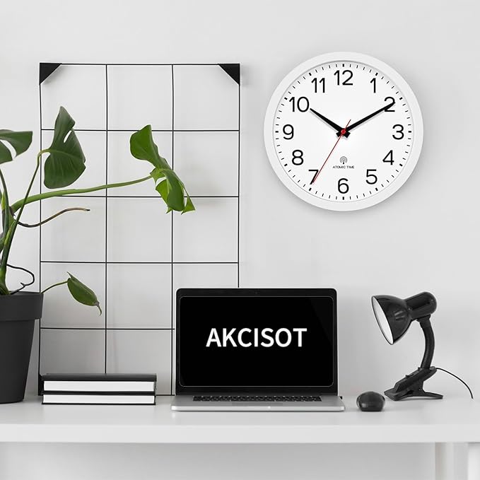 AKCISOT Atomic 10 Inch Wall Clock Analog Clocks for Indoor Kitchen-Silent Battery Operated Clock for Bedroom Office Classroom Living Room(White)