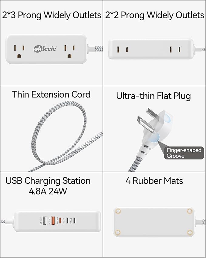 PD30W USB C Travel Power Strip,Cruise Power Strip with 5 USB(3 USB-C) Ports and 4 Outlets, Braided Extension Cord 5Ft, 30W Fast Charging Station Compatible with MacBook Laptops iPad Pro iPhone Samsung