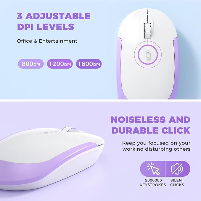 Wireless Keyboard and Mouse, Vssoplor 2.4GHz Rechargeable Compact Quiet Full-Size Keyboard and Mouse Combo with Nano USB Receiver for Windows, Laptop, PC, Notebook-Lavender Purple