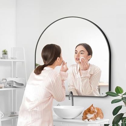 Arched Bathroom Mirror, 30"x30" Black Arched Mirror for Bathroom, Wall Mounted Mirror, Vanity Wall Mirror Metal Frame for Bedroom, Entryway, Living Room, Vertically Hanging