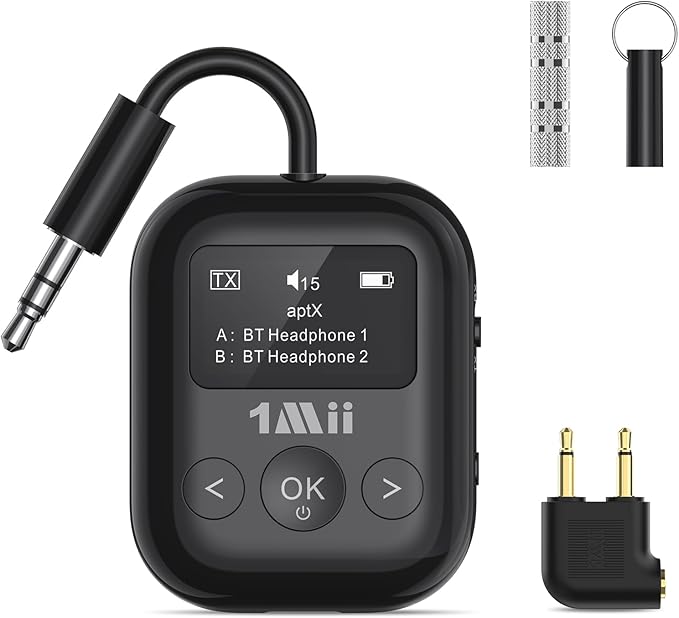 1Mii SafeFly Min+ Bluetooth Transmitter and Receiver,Bluetooth Adapter for Airplane, Supports to 2 AirPods/Headphones,Use with Any 3.5mm Jack on Airplanes, Gym, TVs, Car, Home, Boat(White)