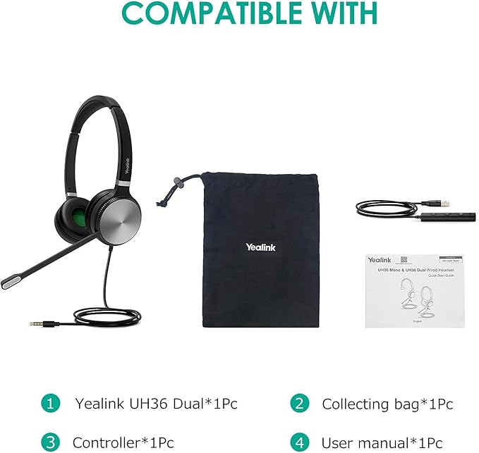 Yealink UH36 Professional USB Headset Wired Headphones for Work Calls and Music, Headset with Noise Cancelling Mic for Computer PC Laptop（UC Compatible, Stereo,3.5mm Jack/USB Connection）
