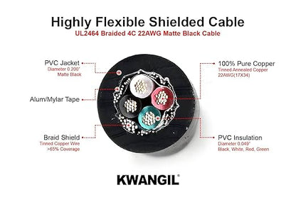 KWANGIL 4C 22AWG AMSB Shielded Cable Wire (UL2464) - Highly Flexible Str TC, PVC Ins, OS+TC BRD, PVC JKT for CNC Machine, Stepper Motor, VFD Spindle (Matte Black 100FT)