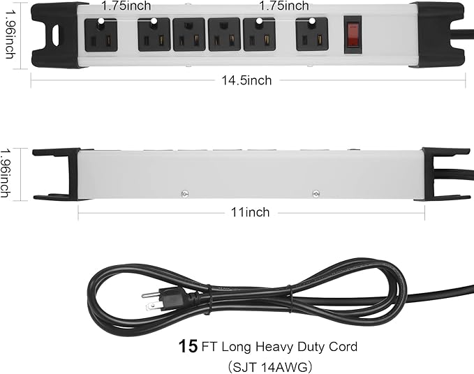 Heavy Duty Surge Protector Power Strip - 6 Outlet Industrial With 15A, Shop Workshop Garden Metal, 6FT Cord, 1200 Joules, ETL Listed (15FT, Grey)