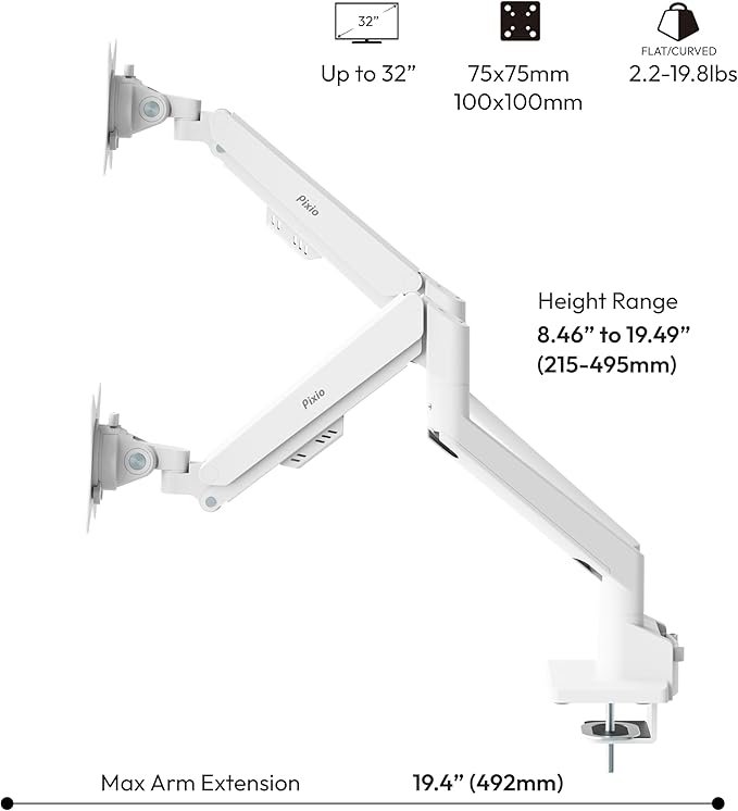 Pixio PS1D Wave White Dual Monitor Arm Stand Desk Mount - Fits up to 32 inches Monitors and up to 19.8lbs. VESA Compatibility and Integrated Cable Management