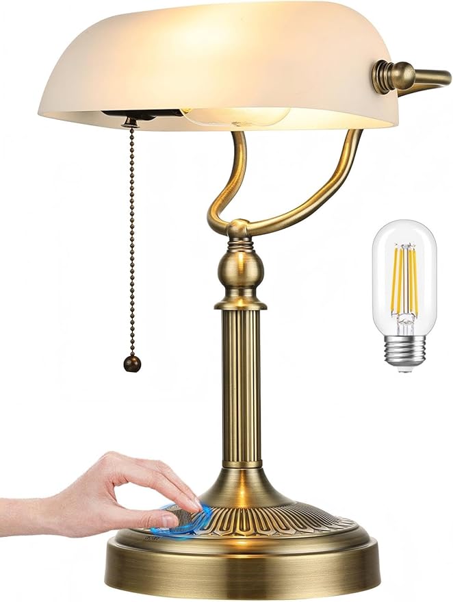 Newrays White Matted Glass Bankers Desk Lamp, Stepless Dimmable Table Lamp Plug in Fixture for Study, Home Office,Library, LED Bulb Included