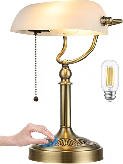 Newrays White Matted Glass Bankers Desk Lamp, Stepless Dimmable Table Lamp Plug in Fixture for Study, Home Office,Library, LED Bulb Included