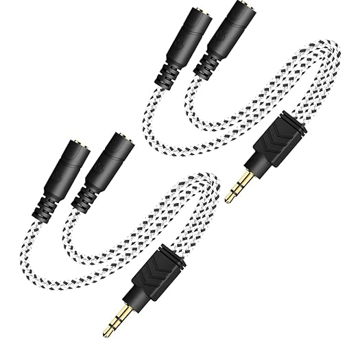 DUKABEL Headphone Splitter, Knitted 3.5mm Audio Splitter TRS 3-Pole Aux Splitter Cable for Headphones Earphones Speakers -Zebra White/2PACK