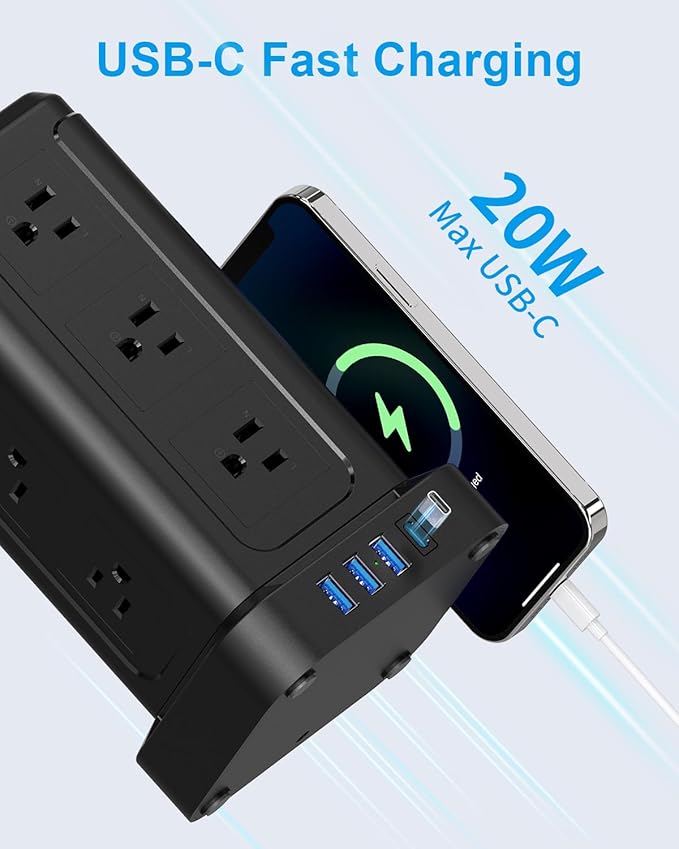 NVEESHOX Surge Protector Power Strip Tower, 10 FT Flat Plug Extension Cord with 12 AC Outlets 4 USB Ports(20W PD Type C), Charging Station with Surge Protection for Family, Office, Dorm