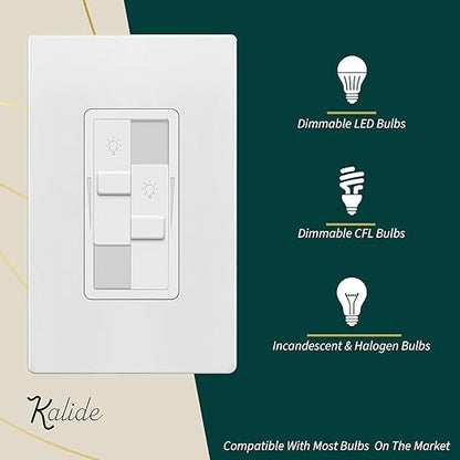 TOPGREENER Kalide Dual Load Dimmer Light Switch, Double LED Dimmer Switch, Full Range Dimming,Single Pole, 200W LED/CFL, UL Listed,TGDDS-W-6PCS, White, 6 Pack