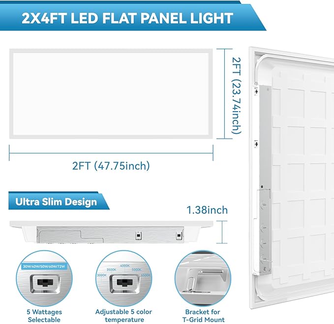 Msbfi 2x4 LED Flat Panel Lights Drop Ceiling Light Fixture 5000K 4000K 3000K Selectable 0-10v Dimmable, 30-40-50W 24x48 LED Light Fixture 100-277V for Office Ceiling Lighting Fixture ETL/DLC 16 Pack