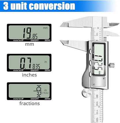 Digital Caliper Measuring Tool, Stainless Steel Vernier Caliper Digital Micrometer with Large LCD Screen, Easy Switch from Inch Metric Fraction, 6 Inch Caliper Tool for DIY/Household