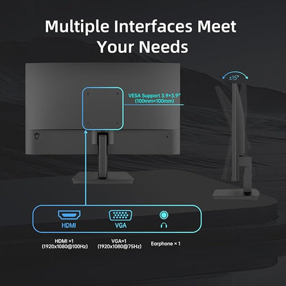 KTC 24 inch Monitor - 1080P Monitor, 100Hz FreeSync Gaming Moniter with HDR10,VESA Mountable, Adjustable Tilt, ZeroFrame Design, HDMI,VGA,Earphone Ports, PC Monitors for Office