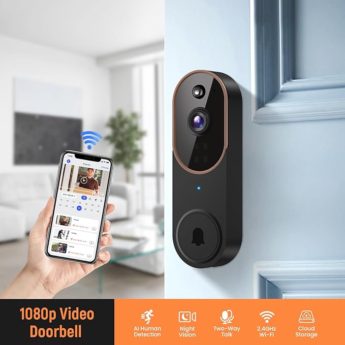 GridTera 1080p Wireless Video Doorbell Camera, AI Human Detection, Live View, Night Vision, Cloud Storage, 2.4G WiFi, Battery Powered, Indoor Outdoor Surveillance (Comes with Doorbell Receiver)