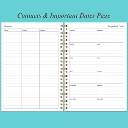 Daily Planner Undated - A5 To Do List Notebook Hourly Schedules, Spiral Appointment Planner for Women and Men, PVC Hardcover, Inner Pocket, Elastic Closure, 5.8" x 8.3", Teal Flowers