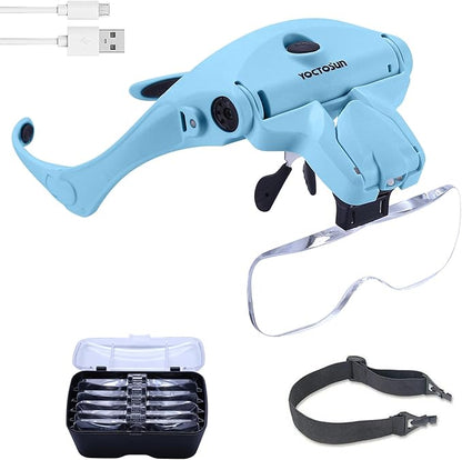 YOCTOSUN Magnifying Glasses with Light for Close Work, Head Magnifier with 5 Interchangeable Lenses and 2 LED Lights, Hands Free Head Mount Magnifying Glass for Crafts, Cross Stitch, Jewelry