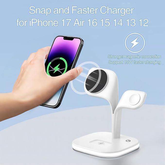 EXW for Magsafe Charger Stand,Charging Station for Multiple Devices,Wireless Charger for iPhone 17 Air 16 15 14 13 12 Series,Apple Watch Series 1-10/Ultra,AirPods Pro with LED and Adapter (White)