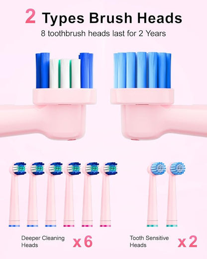 Rtauys Rotating Electric Toothbrush for Adults with 8 Brush Heads (2 Types), 5 Modes Rechargeable Power Toothbrush with Travel Case and 2 Minute Smrte Timer