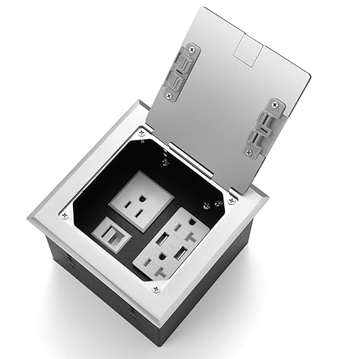 Vagueior Recessed Flat Hidden Floor Electrical Outlet Box Kit,Stainless Steel Cover with 2 * 20A+ 1 * 15A Receptacle Outlet,+2 * 5V/4.8A USB Port+1*RJ45 Port,UL Certified,Silver