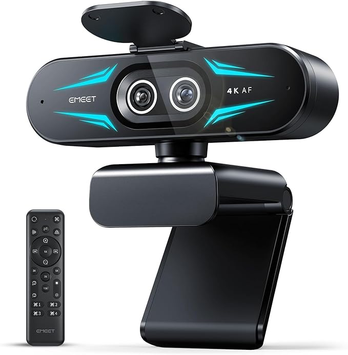 EMEET C60E Dual-Camera 4K Webcam for Streaming, Wide-Angle and Telephoto Cameras, Max 11X Hybrid Zoom & PDAF Autofocus, Remote Control, RGB Lighting, 2 Mics, Ideal for Livestreaming and Online Meeting