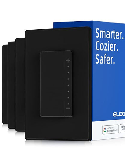 ELEGRP Single Pole Smart Dimmer Light Switch DPR10, 2.4GHz Wi-Fi Dimmer Switch Compatible with Alexa and Google Assistant, Needs Neutral Wire, No Hub Required, UL and FCC Listed, Black, 4 Pack