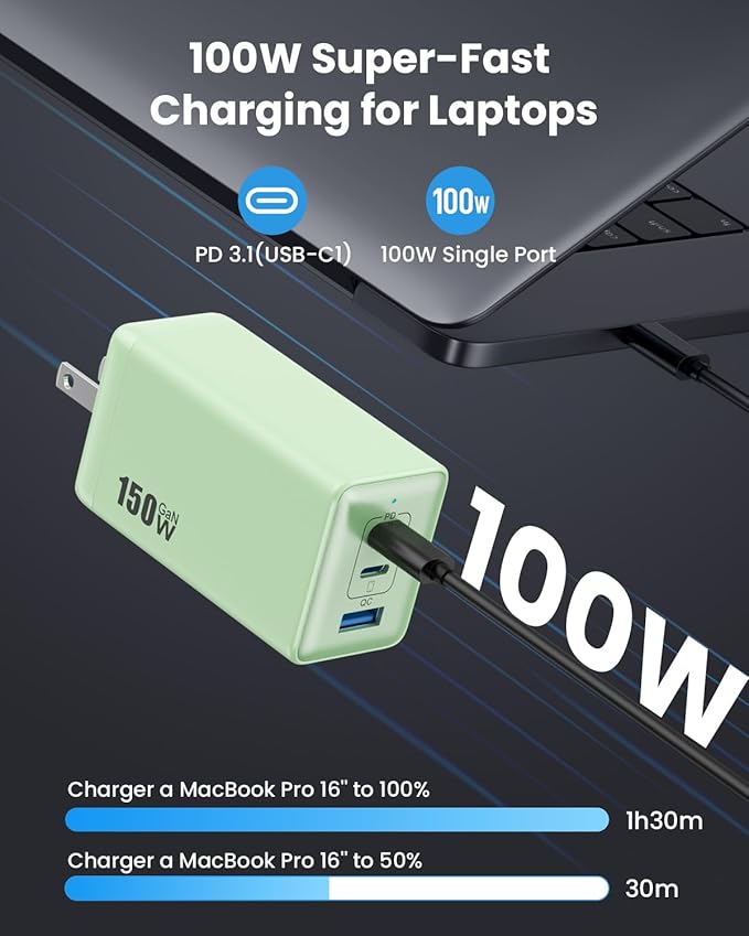 150W USB C Charger Block,GaN III Compact Foldable Wall Charger 3 Port Fast Charging Station,PD QC PPS Portable USB C Hub 100W Laptop Adapter for MacBook Pro/Air,iPad,iPhone 17/Pro,Galaxy S24,Dell etc