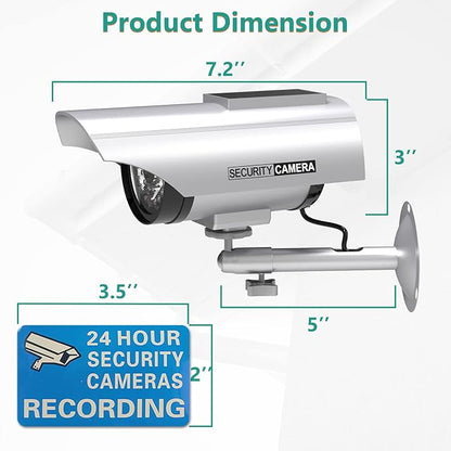 WALI Solar Powered Bullet Dummy Fake Simulated Surveillance Security CCTV Dome Camera Indoor Outdoor with 1 LED Light, Security Alert Sticker Decal (SOLTC-S4), 4 Packs, Silver