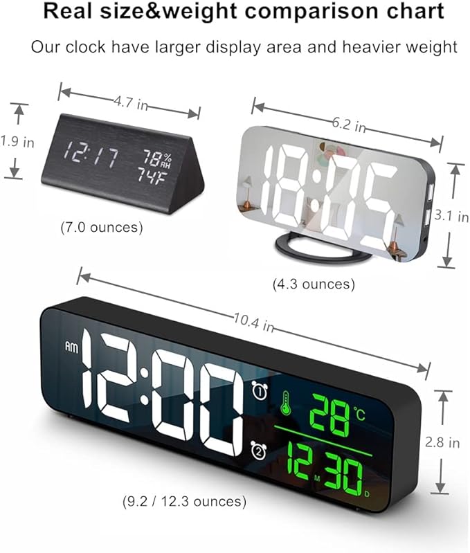 Digital Clock Large Display, Alarm Clock for Living Room Office Bedroom Decor, LED Corded Electric, Date Temp Display Wall Clock, Automatic Brightness Dimmer Smart Cool Modern Desk Accessories Black