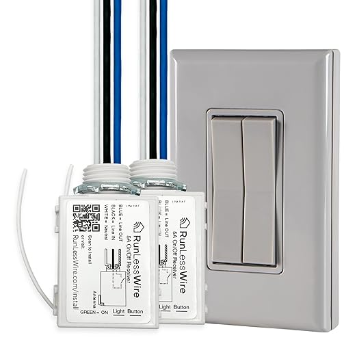 RunLessWire Fan & Light Battery-Free DIY Wireless Light Switch Kit 150ftRF Range Kinetic for Bathrooms & Ceiling Fans: 1 Dual Remote Switch Controls 2 5A On/Off Receivers Separately – Gray