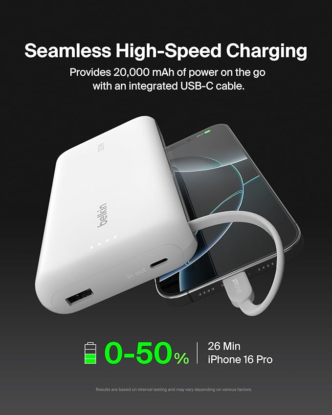 Belkin Portable Charger, Power Bank with Integrated Cable 20000 mAh 30W - Fast Charging USB C Power Delivery - iPhone 17, Air, Pro, Pro Max, iPad, AirPods, Apple Watch, Galaxy S25, & More - White