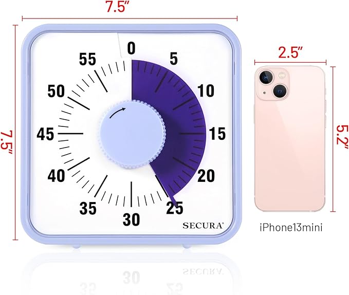 Secura 7.5 Inch Visual Timer, 60 Minute Oversize Visual Countdown Timer for Kids and Adults, Durable Mechanical Time Management Tool (Violet)