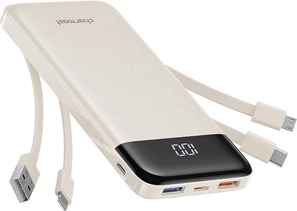 charmast Portable Charger with Built in Cables, Power Bank with Cords Wires, Slim 10000mAh Travel Battery Pack 6 Outputs 3 Inputs 3A Fast Charging for Samsung Google Pixel LG Moto iPhone iPad