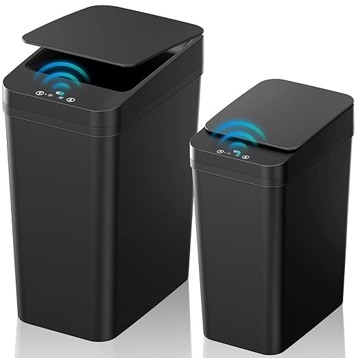 Bathroom Trash Can with Lid, 2 Pack 4 & 2.2 Gallon Automatic Touchless Garbage Can, Small Motion Sensor Smart Trash Can, Slim Waterproof Trash Bin for Bedroom, Bathroom, Office, Living Room (Black)