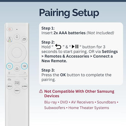 BN59-01391A Samsung TV Remote Control Replacement for Smart TV - Easy Setup, Universal Bluetooth/IR Voice Remote, Solarcell - Works with Samsung QLED, Frame, Crystal UHD, 4K, & LED Smart TVs, White
