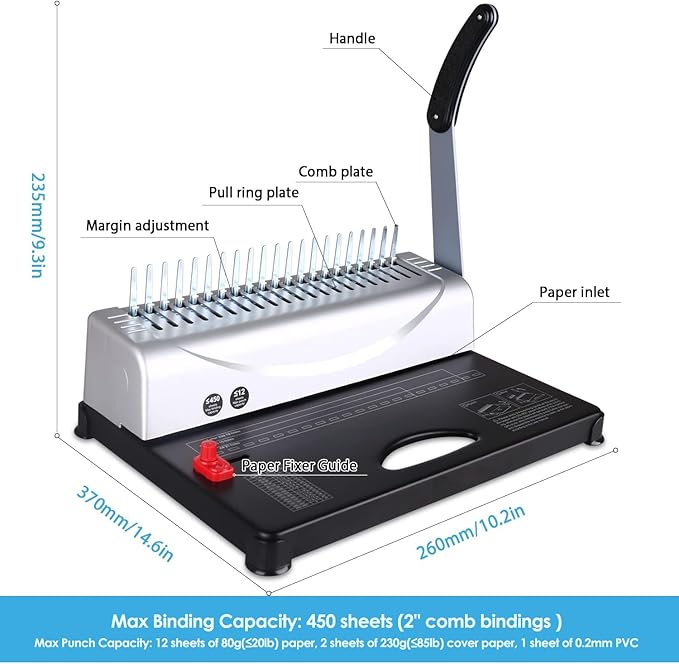 MAKEASY Binding Machine, 21-Hole, 450 Sheets, Comb Binding Machines with 1 Box Comb Bindings Spines, Comb Binder for Letter Size, A4, A5 Paper