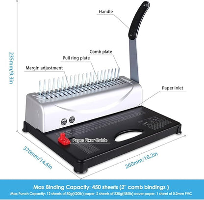 MAKEASY Binding Machine, 21-Hole, 450 Sheets, Comb Binding Machines with 1 Box Comb Bindings Spines, Comb Binder for Letter Size, A4, A5 Paper