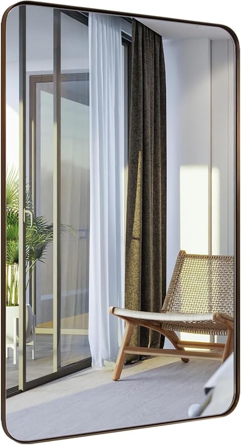 ANDY STAR Wall Mirror for Bathroom, 20”x28”Brushed Bronze Bathroom Mirror, Rounded Rectangle Mirror in Premium Stainless Steel Metal Frame Hangs Horizontal Or Vertical