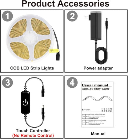 Pandery COB LED Strip,LED Strip Lights 3M/9.84ft,Touch Dimmable LED Strips,CRI90+,6000K Natural White cob led,1600LEDs,24V LED Tape Lights,Indoor for Bedroom, Kitchen, TV, Mirror,Cabinet