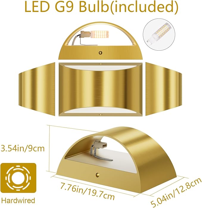 Aipsun Brushed Brass Wall Sconce Indoor Wall Lights Hardwired 1 Pack Up and Down Wall Mount Light for Living Room Bedroom Hallway Corridor Conservatory Warm White 3000K(with G9 Bulbs)