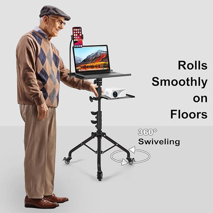 Tossbiss Laptop Tripod on Wheels with 2 Shelves, Portable Projector Floor Stand Adjustable Height 25.9 to 51.8 Inch with Phone Holder