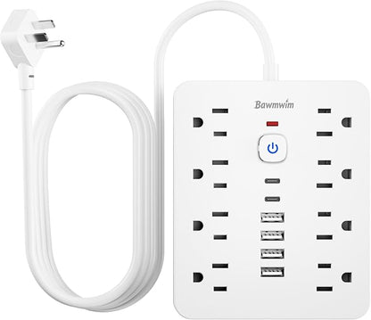 Bawmwim Surge Protector Power Strip - 8 Outlets(1250W/10A) 4 USB A（2 USB C, 10FT Flat Plug Extension Cord, Wall Mount Multi Plug Outlet Extender, ETL Listed for Home, Dorm Room