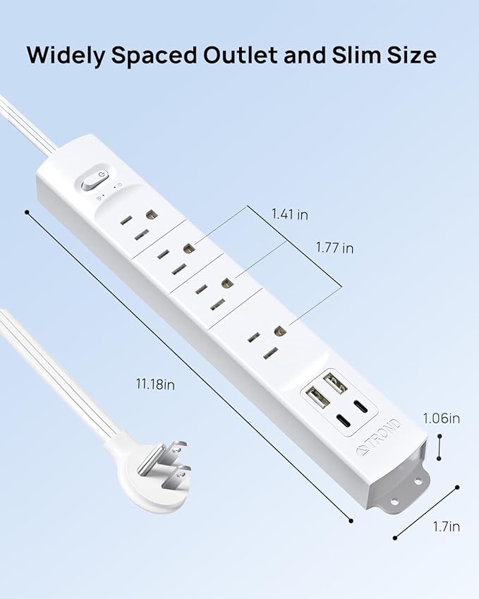 TROND Flat Plug Power Strip USB-5ft Flat Extension Cord Surge Protector Wall Mount, 2 Type C & 2 USB A Ports with Multiple Outlets, 1440J, 1625W for Office Supplies Dorm Room Essentials, White