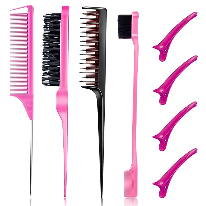 8 Pieces Styling Comb Set - Teasing Brush, Rat Tail Comb, Edge Brush for Slicking and Combing Hair for Women (Pink)