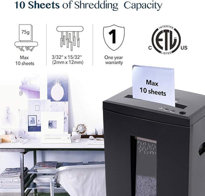 WOLVERINE 10-Sheet Super Micro Cut High Security Level P-5 Heavy Duty Paper/CD/Card Ultra Quiet Shredder for Home Office by 60 Mins Running Time and 6 Gallons Pullout Waste Bin SD9112 (Black ETL)