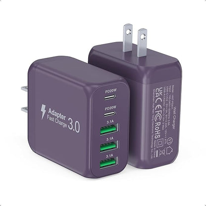 60W 2-Pack USB C Wall Charger Block, 5-Port C Charger Fast Charging Block PD Power Adapter +QC 3.0 Multiport Type C Box Brick Cube USB A Wall Plug for iPhone 14/15/16/17 Pro Max,Samsung Galaxy(Purple)