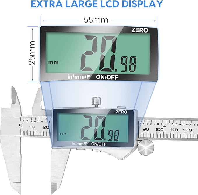 Digital Caliper, 6 Inch Caliper Tool with Extra Large LCD Screen, Auto-Off Feature, Easy Switch from Inch Metric Fraction, Stainless Steel Vernier Caliper Measuring Tool for DIY/Household