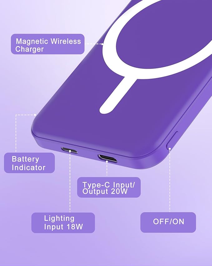 podoru for Magsafe Battery Pack, 5000mAh Magnetic Power Bank with Type-C Cable 20W PD Fast Charging Lighting Input Wireless Portable Charger for iPhone 17/16/15/14/13/12/ All Series-Demon Purple