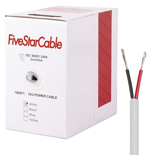 FiveStarCable 18-2 Gauge Low Voltage Stranded Cable Wire - 1000 ft, 18 AWG, PVC Jacket - for Security Systems, Alarm, Audio, Control, Intercom, and Speaker Applications (White, 18-2)