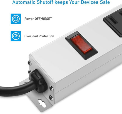 JUNNUJ Metal 8 Outlet Power Strip, Mountable Heavy Duty Power Strip, 1200J Surge Protector Wall Mount Screws Outlet with Switch, Gaming Desk Strips Wide Spaced 15A 125V 1875W, 6 FT 14AWG Power Cord